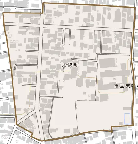 大祝町とその周辺の地図。町の範囲を重ねている