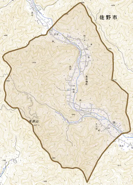 長谷場町とその周辺の地図。町の範囲を重ねている