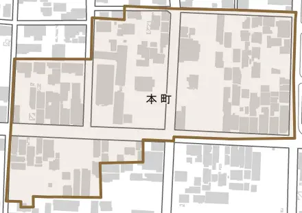 本町とその周辺の地図。町の範囲を重ねている