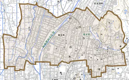堀米町とその周辺の地図。町の範囲を重ねている