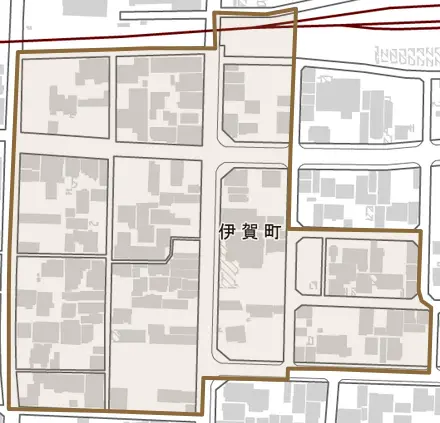伊賀町とその周辺の地図。町の範囲を重ねている