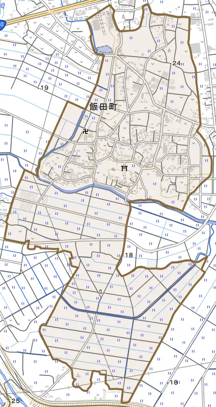飯田町とその周辺の地図。町の範囲を重ねている