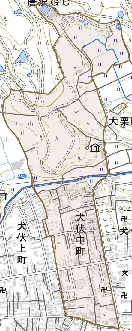 犬伏中町とその周辺の地図。町の範囲を重ねている