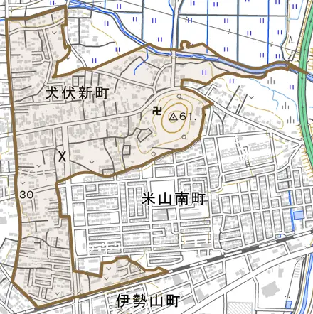犬伏新町とその周辺の地図。町の範囲を重ねている