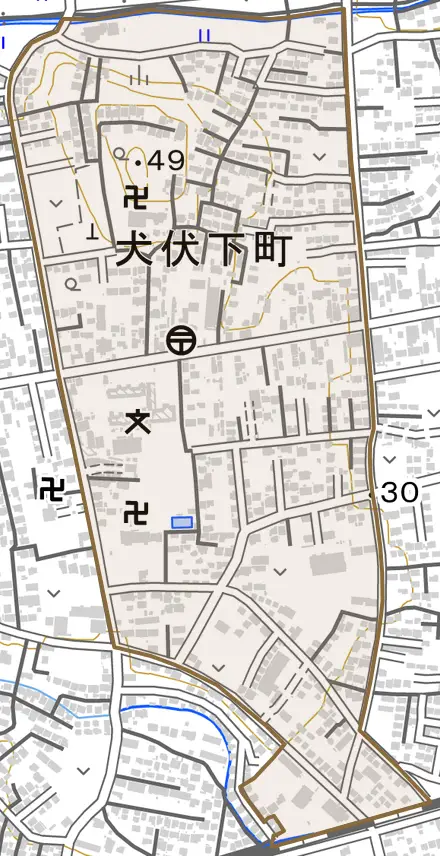 犬伏下町とその周辺の地図。町の範囲を重ねている