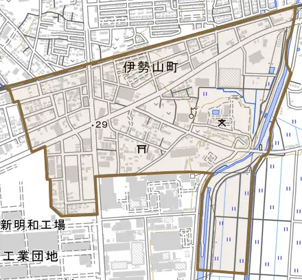 伊勢山町とその周辺の地図。町の範囲を重ねている