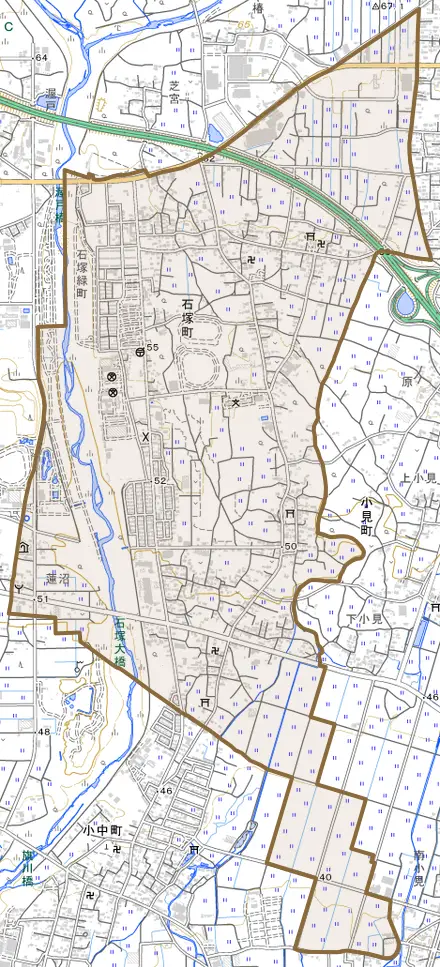 石塚町とその周辺の地図。町の範囲を重ねている