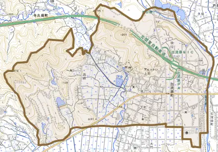 出流原町とその周辺の地図。町の範囲を重ねている
