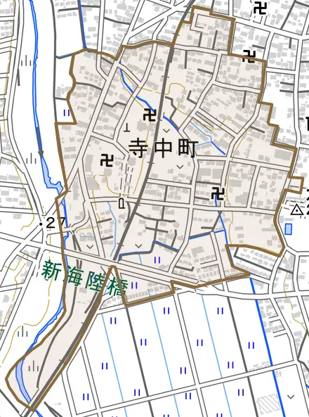 寺中町とその周辺の地図。町の範囲を重ねている