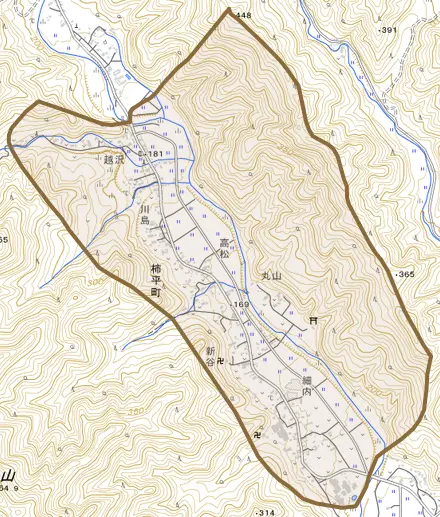 柿平町とその周辺の地図。町の範囲を重ねている