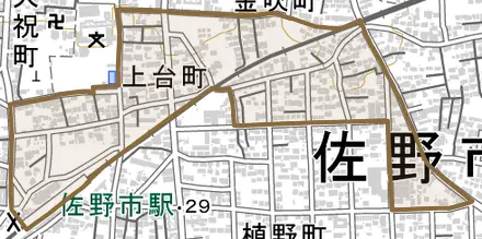 上台町とその周辺の地図。町の範囲を重ねている