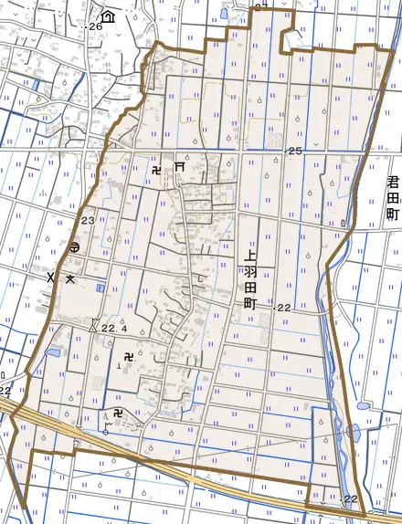 上羽田町とその周辺の地図。町の範囲を重ねている