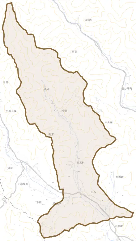 閑馬町とその周辺の地図。町の範囲を重ねている