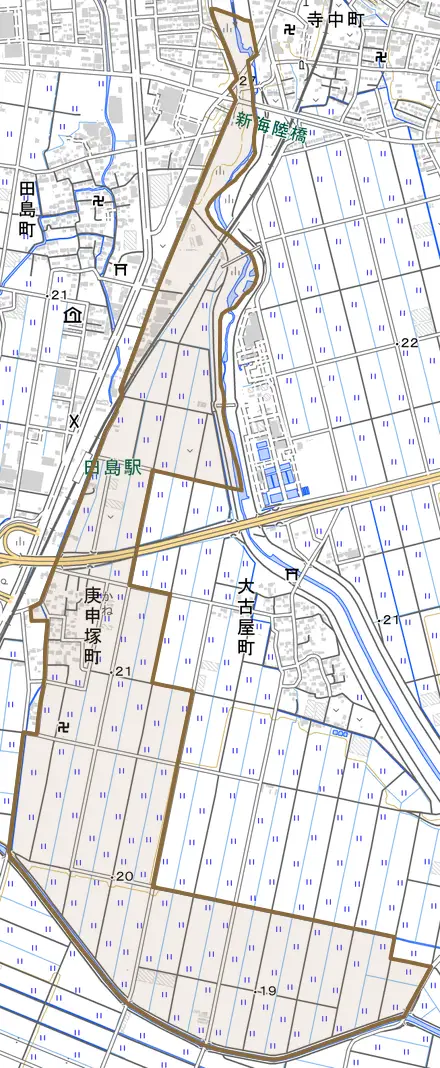 庚申塚町とその周辺の地図。町の範囲を重ねている