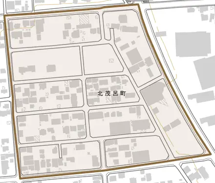 北茂呂町とその周辺の地図。町の範囲を重ねている