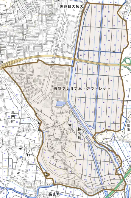 越名町とその周辺の地図。町の範囲を重ねている