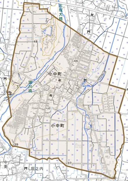小中町とその周辺の地図。町の範囲を重ねている