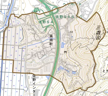 黒袴町とその周辺の地図。町の範囲を重ねている
