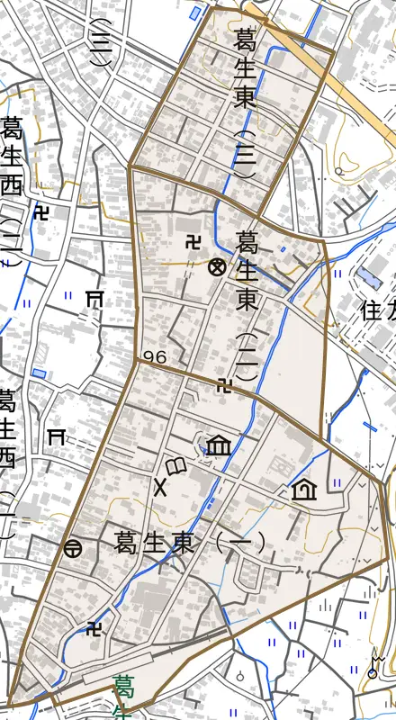 葛生東とその周辺の地図。町の範囲を重ねている