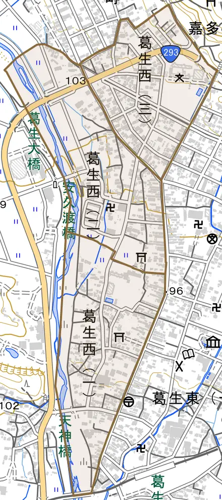 葛生西とその周辺の地図。町の範囲を重ねている