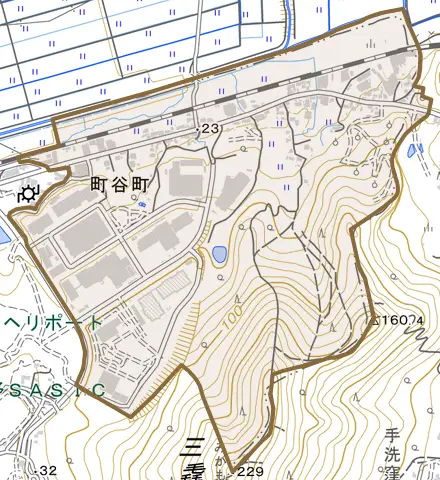 町谷町とその周辺の地図。町の範囲を重ねている