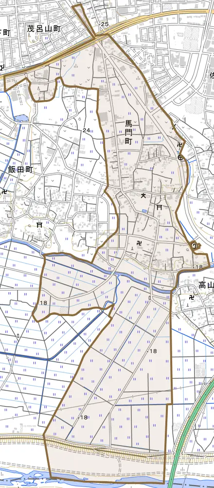 馬門町とその周辺の地図。町の範囲を重ねている