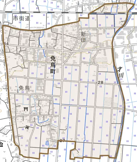 免鳥町とその周辺の地図。町の範囲を重ねている