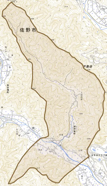 御神楽町とその周辺の地図。町の範囲を重ねている