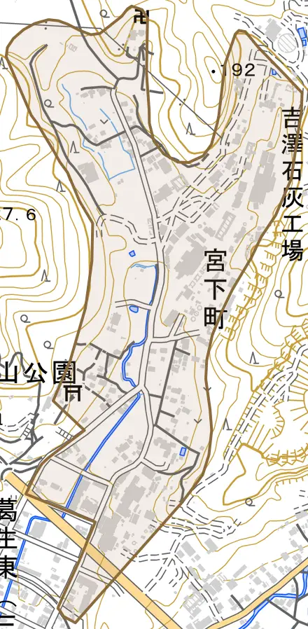 宮下町とその周辺の地図。町の範囲を重ねている