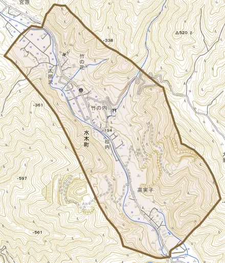 水木町とその周辺の地図。町の範囲を重ねている