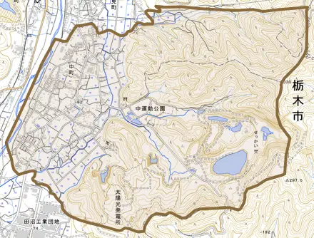 中町とその周辺の地図。町の範囲を重ねている