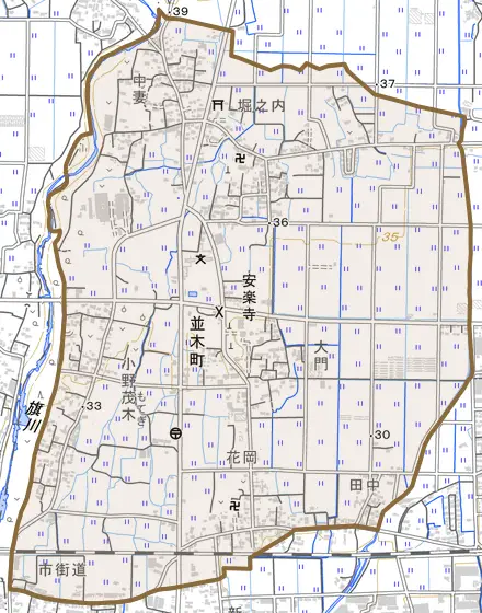 並木町とその周辺の地図。町の範囲を重ねている