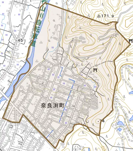 奈良渕町とその周辺の地図。町の範囲を重ねている