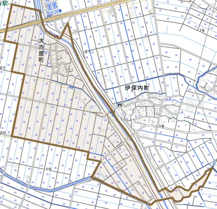 大古屋町とその周辺の地図。町の範囲を重ねている