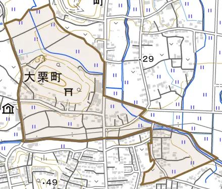 大栗町とその周辺の地図。町の範囲を重ねている