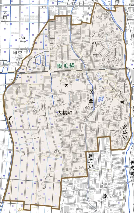 大橋町とその周辺の地図。町の範囲を重ねている