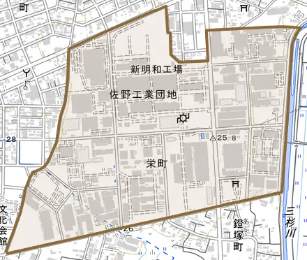栄町とその周辺の地図。町の範囲を重ねている