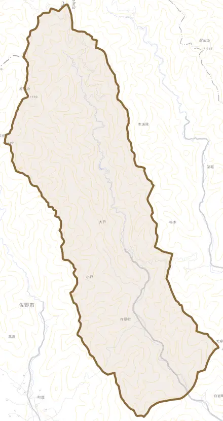 作原町とその周辺の地図。町の範囲を重ねている