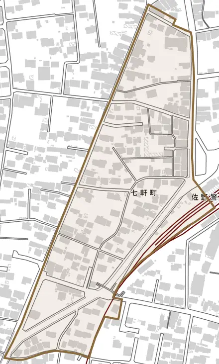 七軒町とその周辺の地図。町の範囲を重ねている