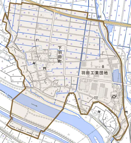 下羽田町とその周辺の地図。町の範囲を重ねている