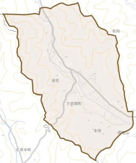 下彦間町とその周辺の地図。町の範囲を重ねている