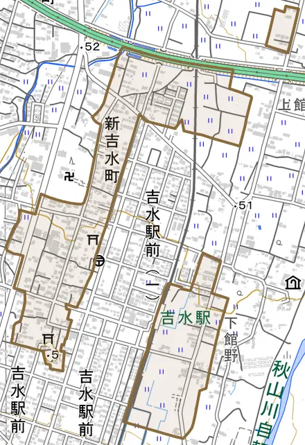 新吉水町とその周辺の地図。町の範囲を重ねている
