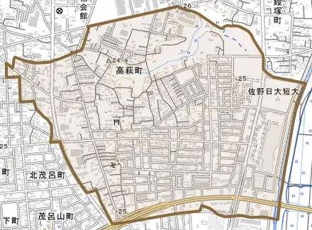 高萩町とその周辺の地図。町の範囲を重ねている