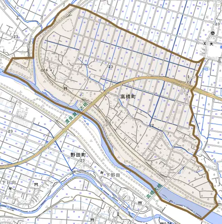高橋町とその周辺の地図。町の範囲を重ねている
