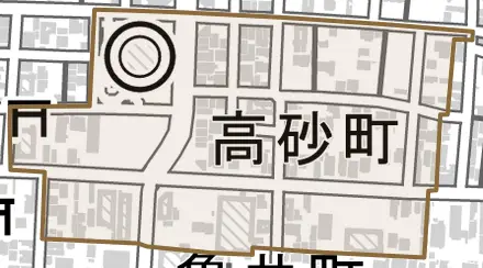 高砂町とその周辺の地図。町の範囲を重ねている