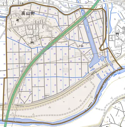 高山町とその周辺の地図。町の範囲を重ねている
