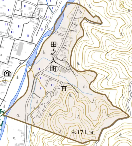 田之入町とその周辺の地図。町の範囲を重ねている