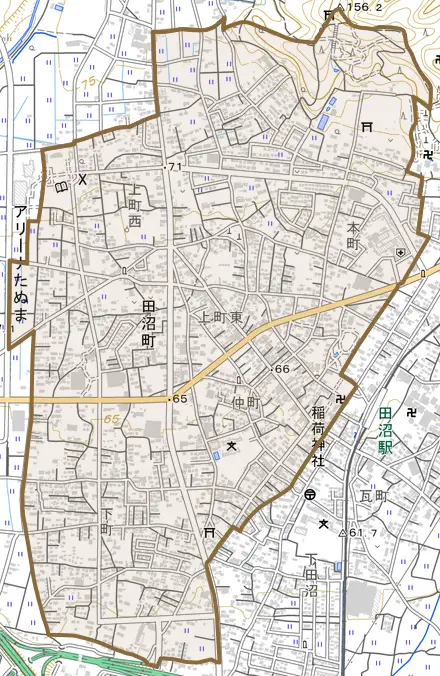 田沼町とその周辺の地図。町の範囲を重ねている