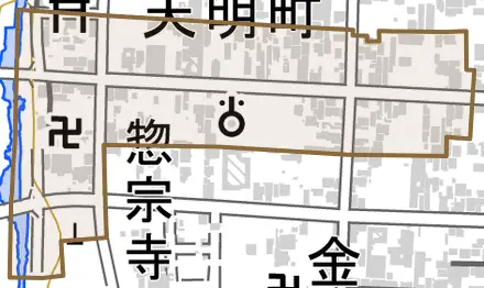 天明町とその周辺の地図。町の範囲を重ねている