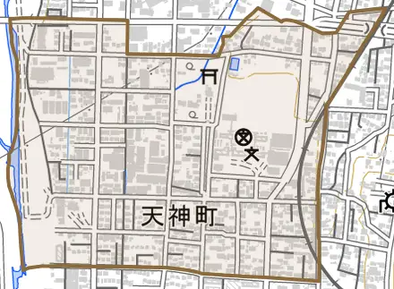 天神町とその周辺の地図。町の範囲を重ねている